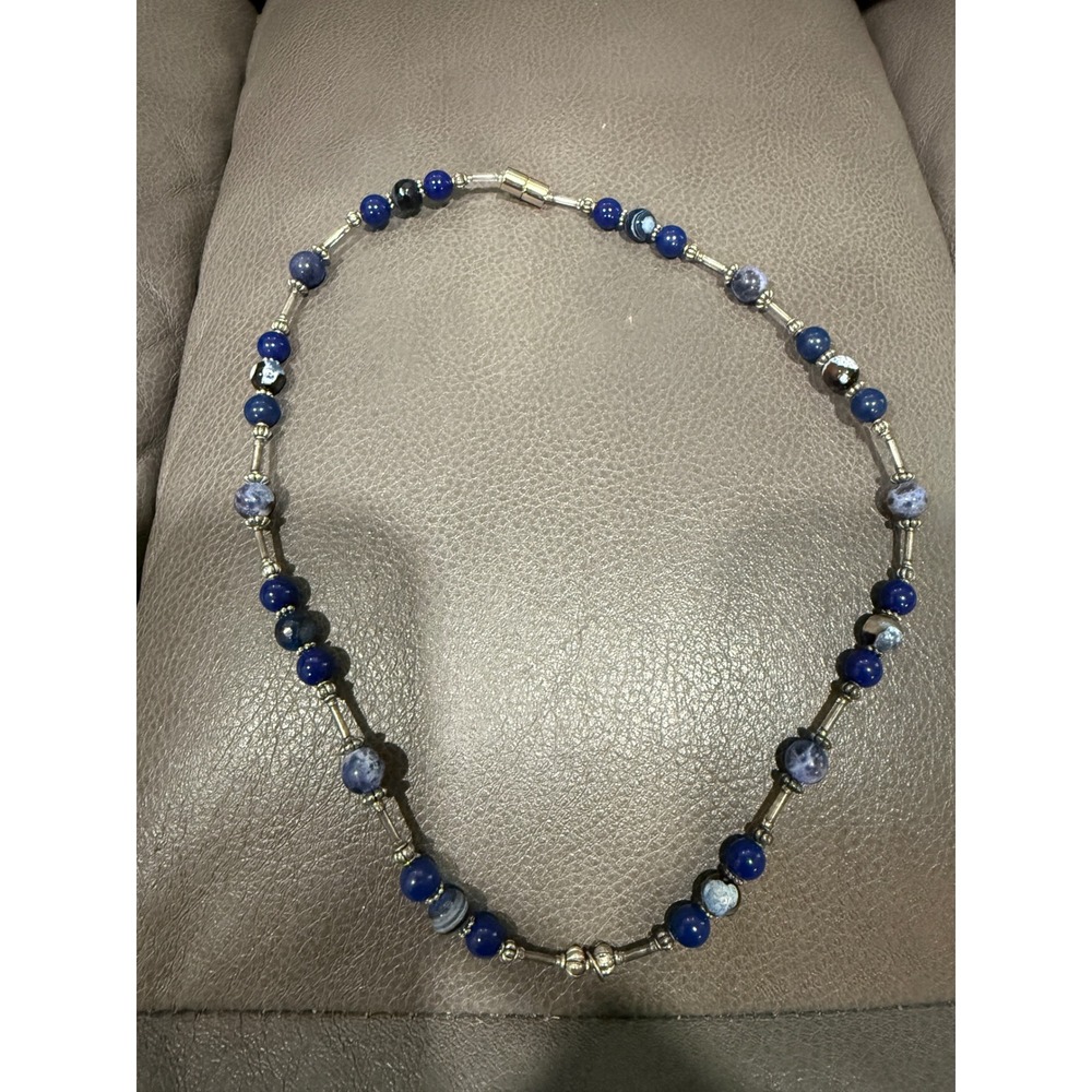 Handmade Lapis Lazul Necklace Silver Tone Magnetic Clasp Statement